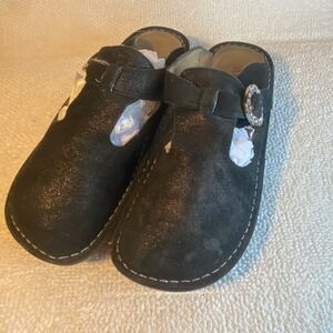 Alegria by PG Lite Black Metallic Leather Rhinestone Buckle Clogs Size 41 or 9.5